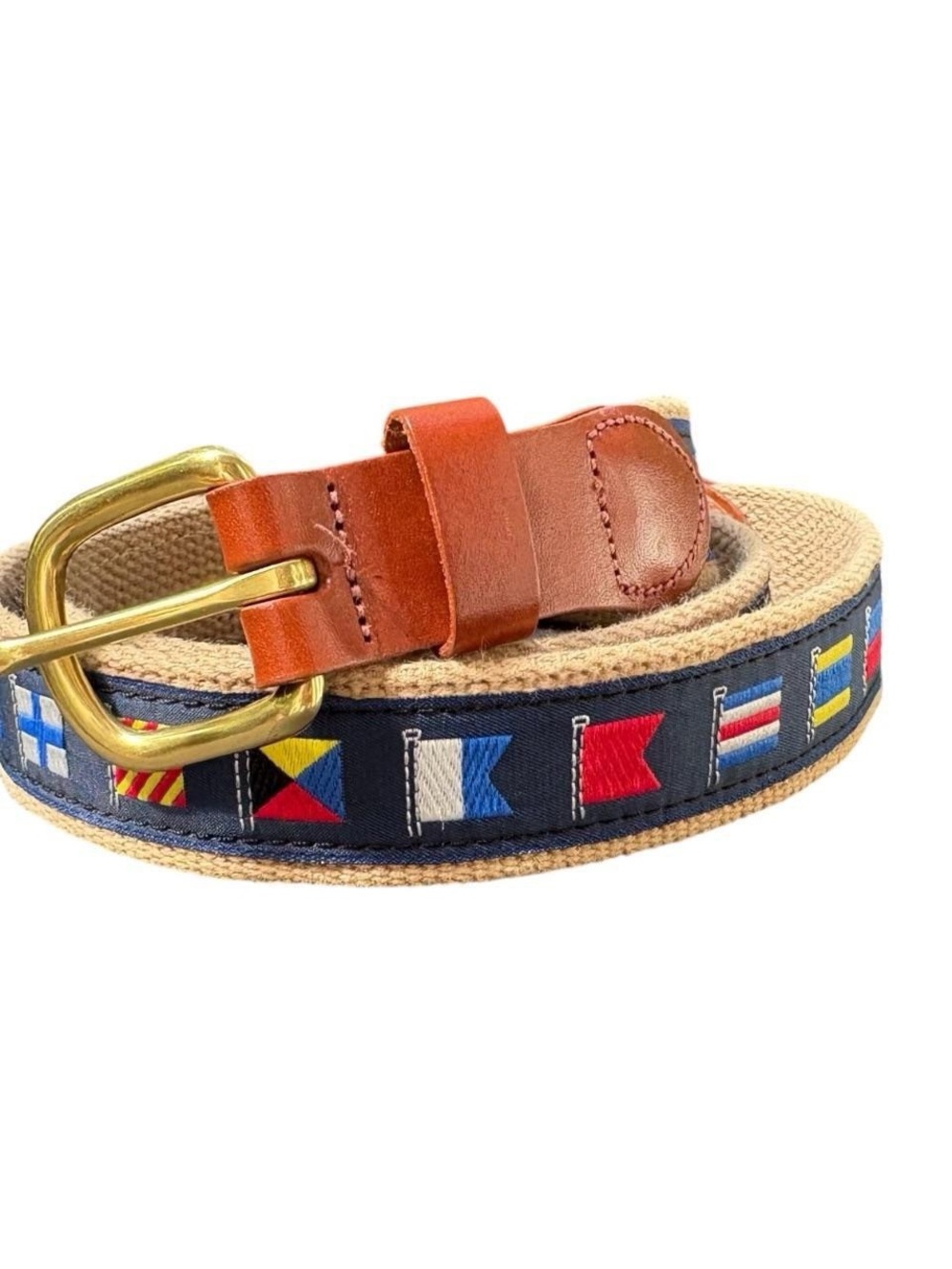 Navy Embroidered Nautical Flag Canvas Belt with Brown Leather Trim